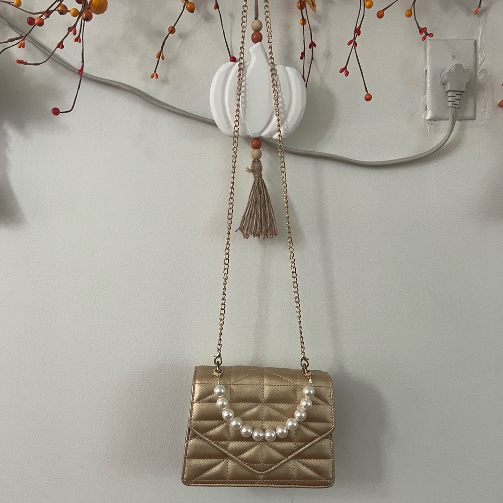 Gold Quilted Crossbody Bag with Pearl Accent - Picture 2 of 6